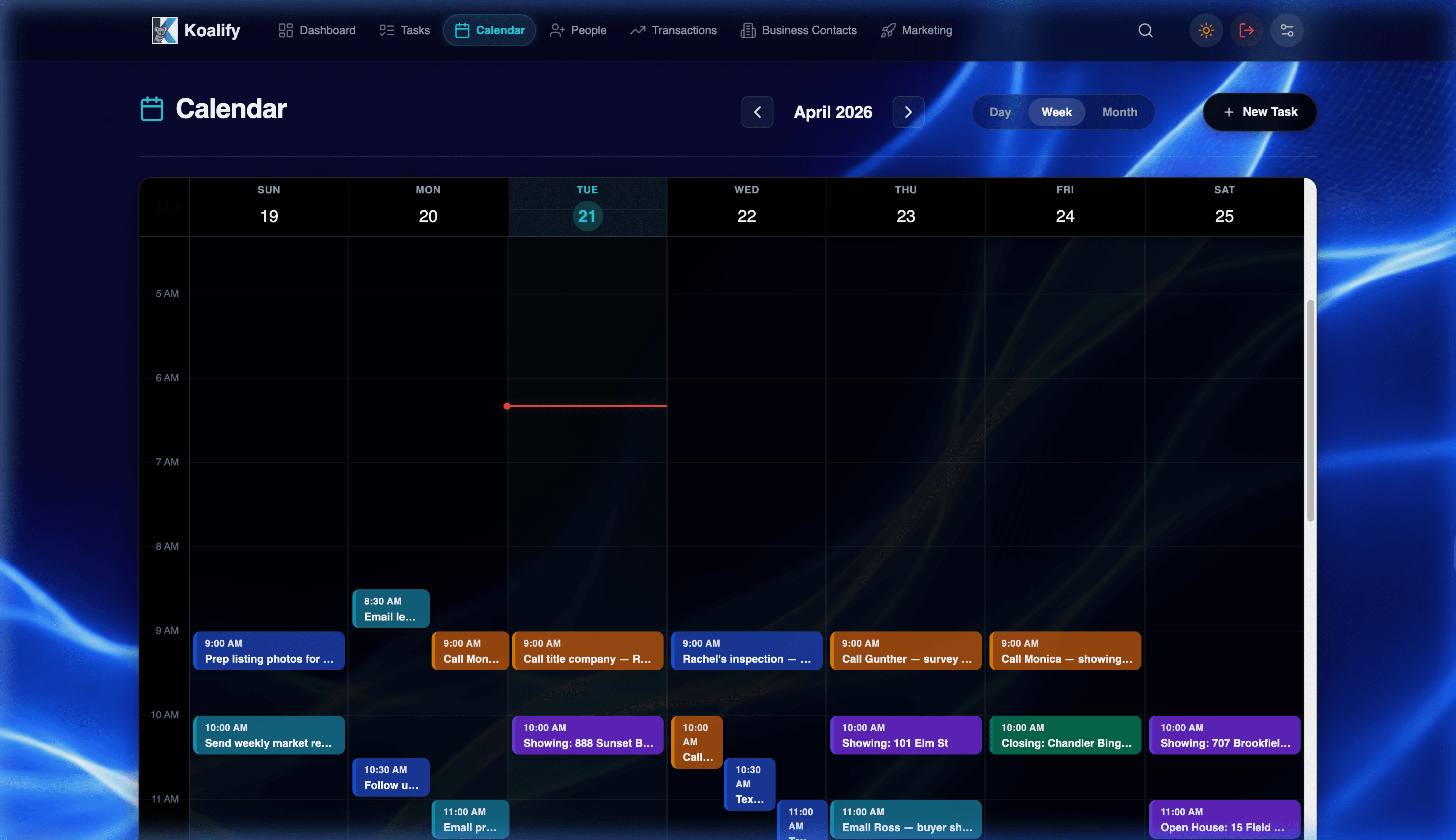 KoalifyHQ Calendar — Packed weekly calendar with showings, calls, emails, and follow-ups