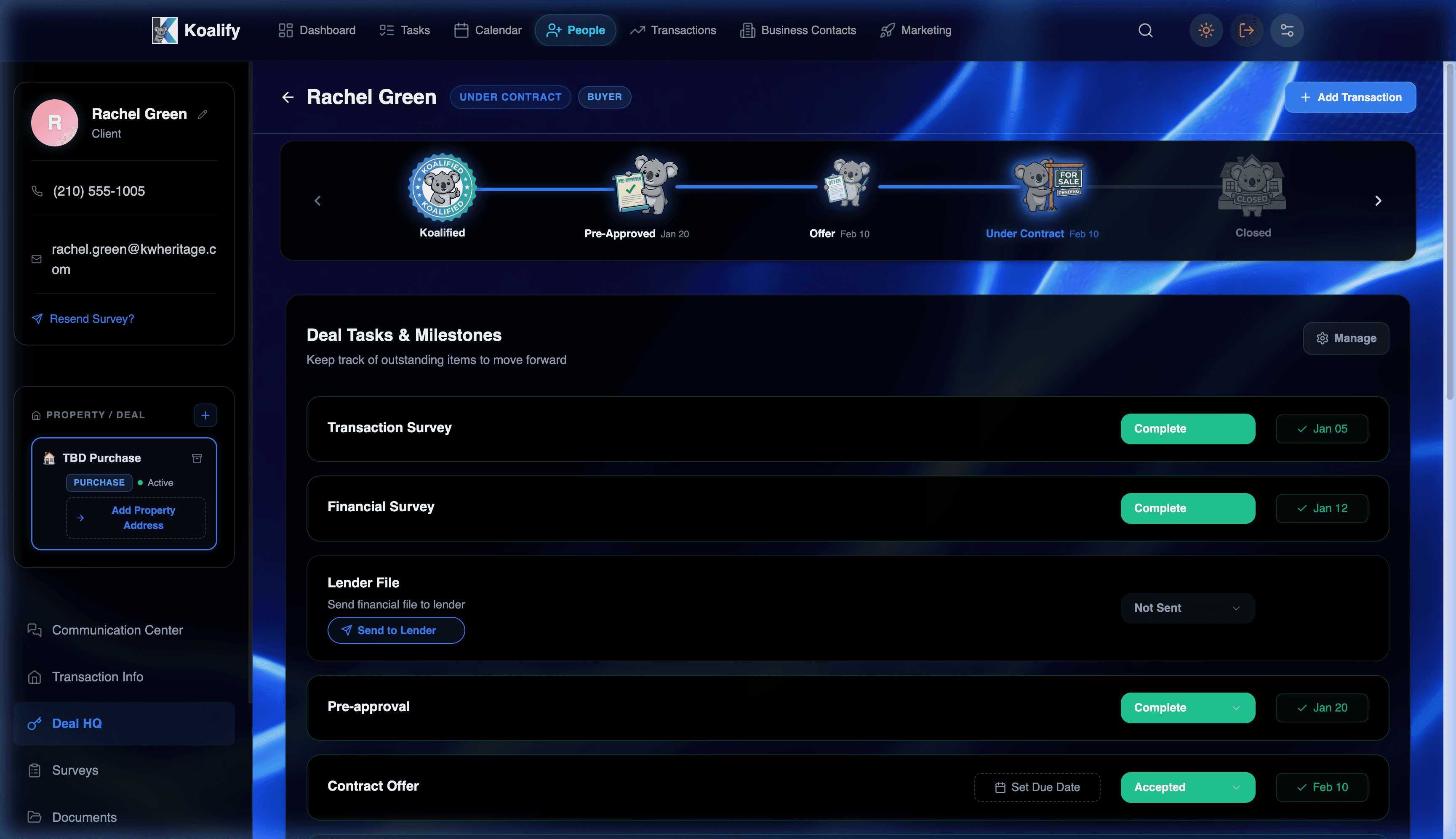 KoalifyHQ Deal HQ — Transaction milestones from survey to closing with status badges and due dates