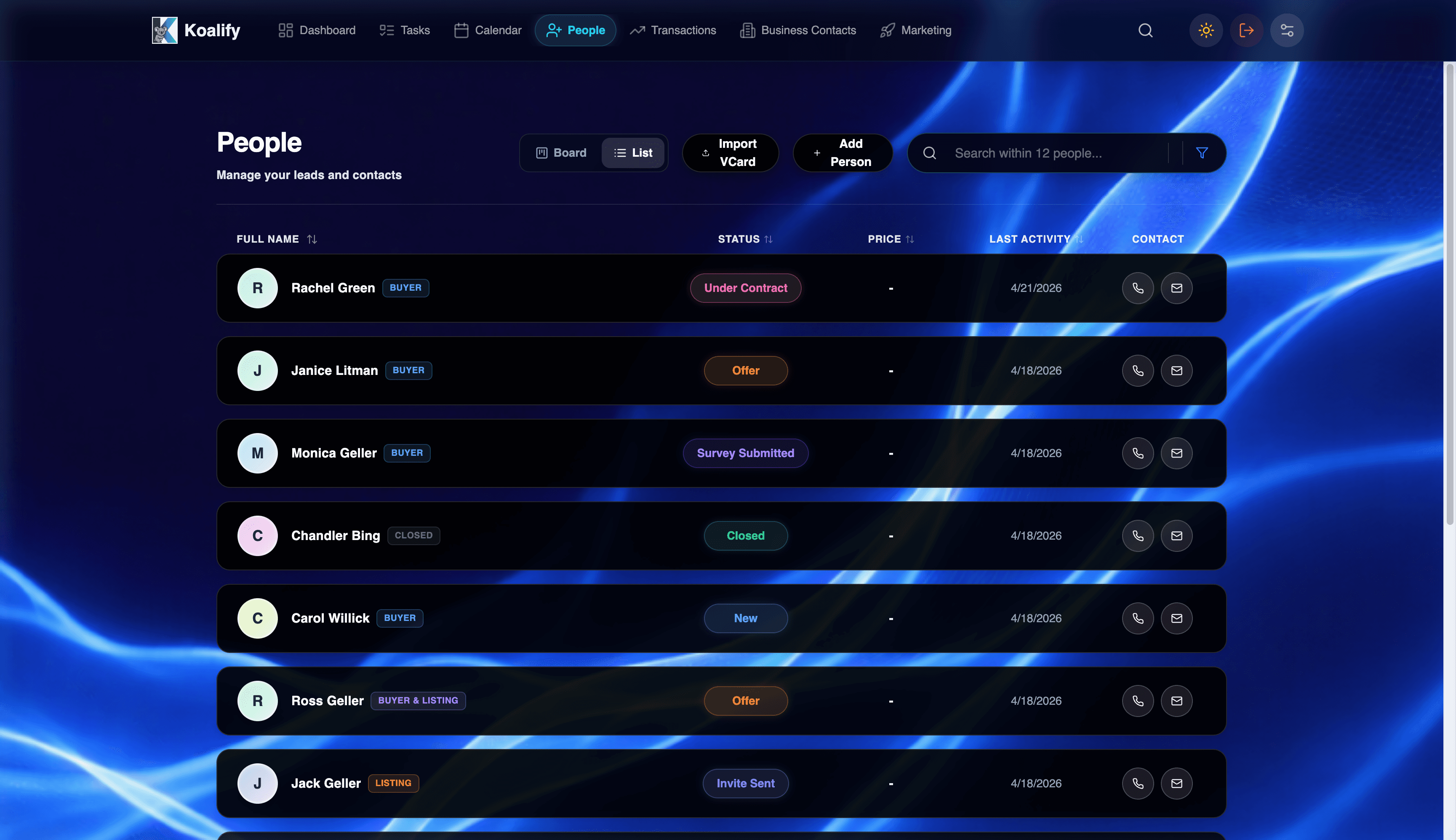 KoalifyHQ People — Lead management with status tracking, contact info, and lead pipeline stages