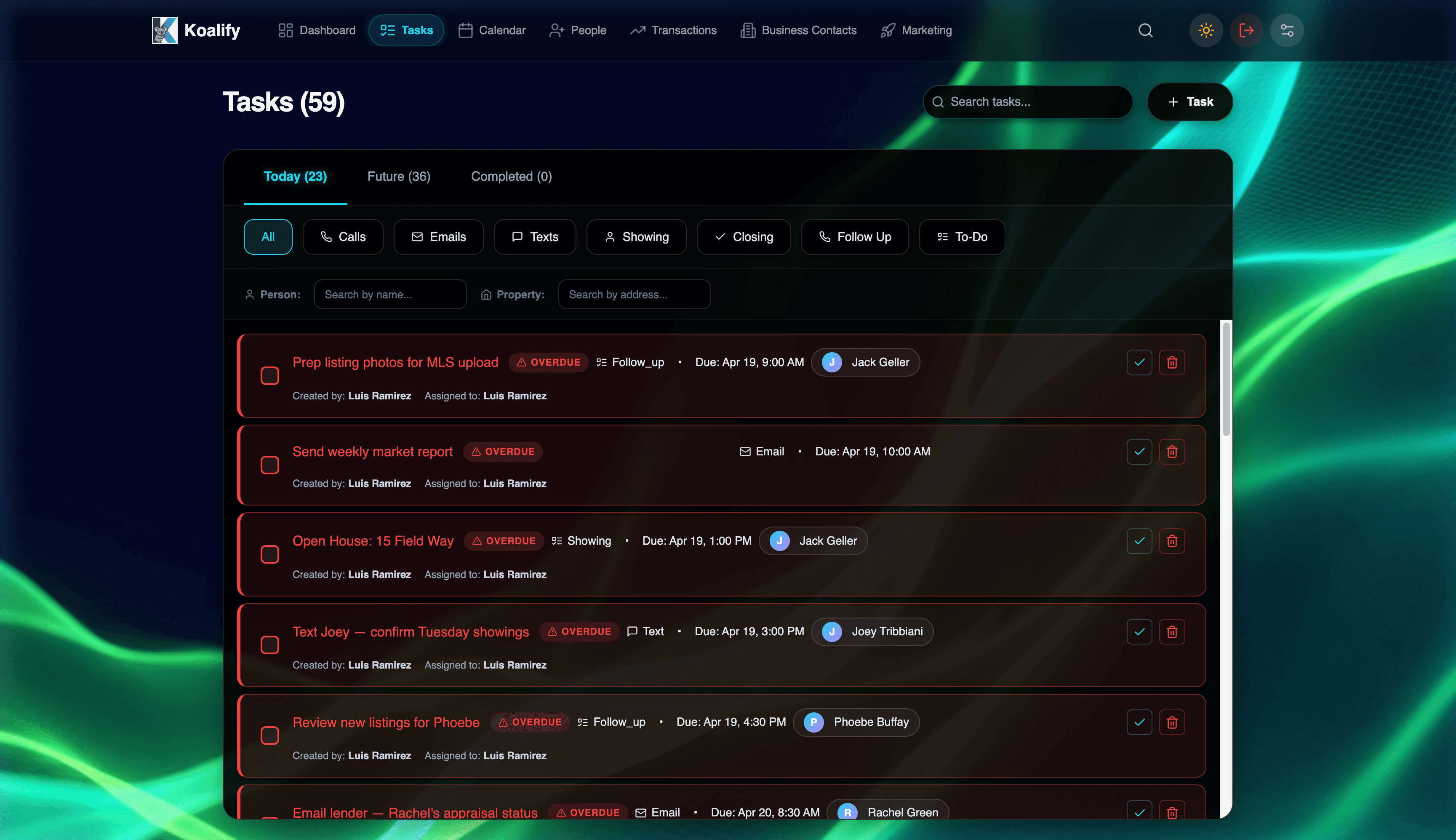 KoalifyHQ Tasks — 59 tasks organized by type with assignees, due dates, and linked contacts
